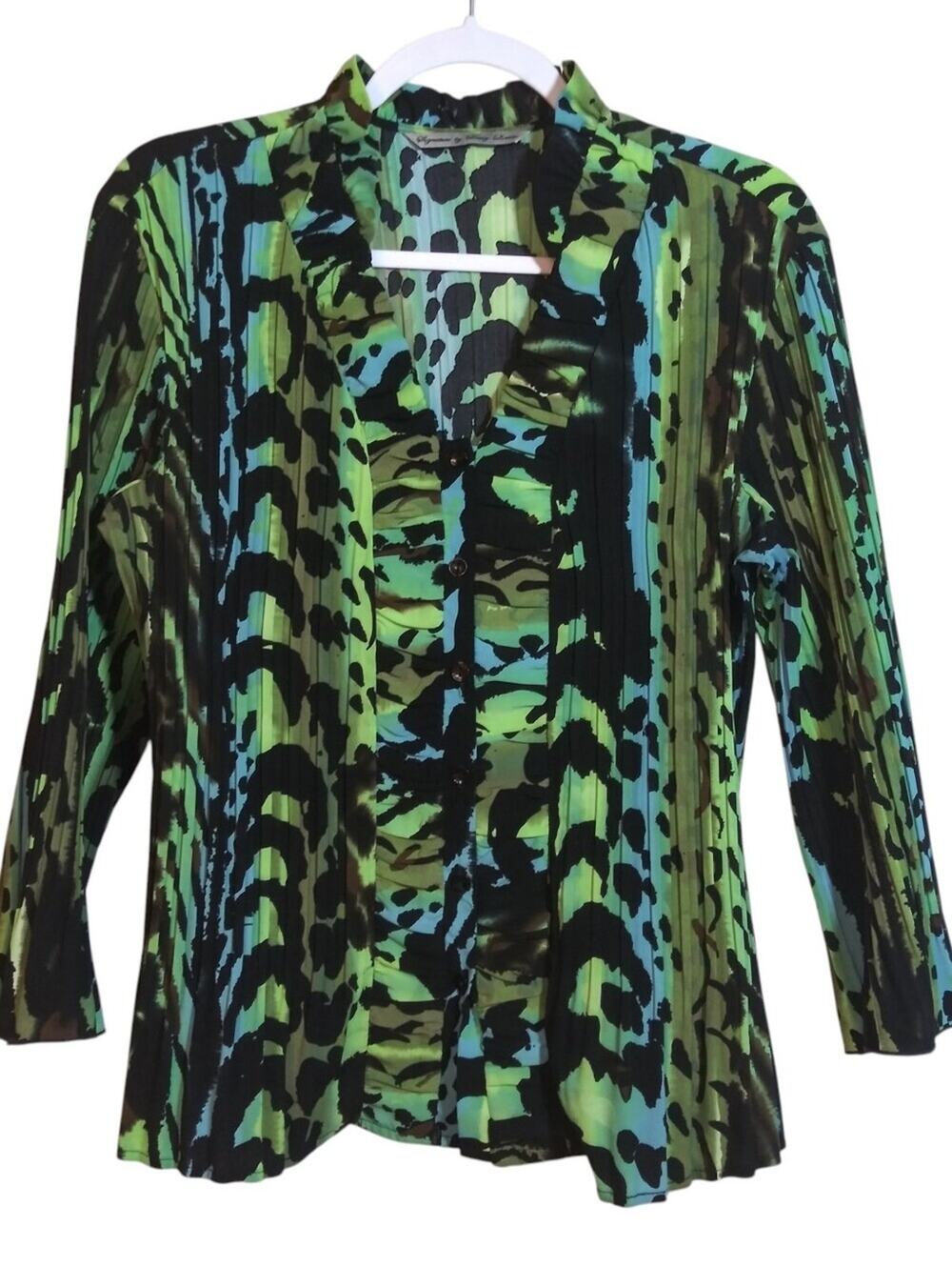 Signature by Larry Levine Green and Blue 90s Pleated Button up Blouse Size M